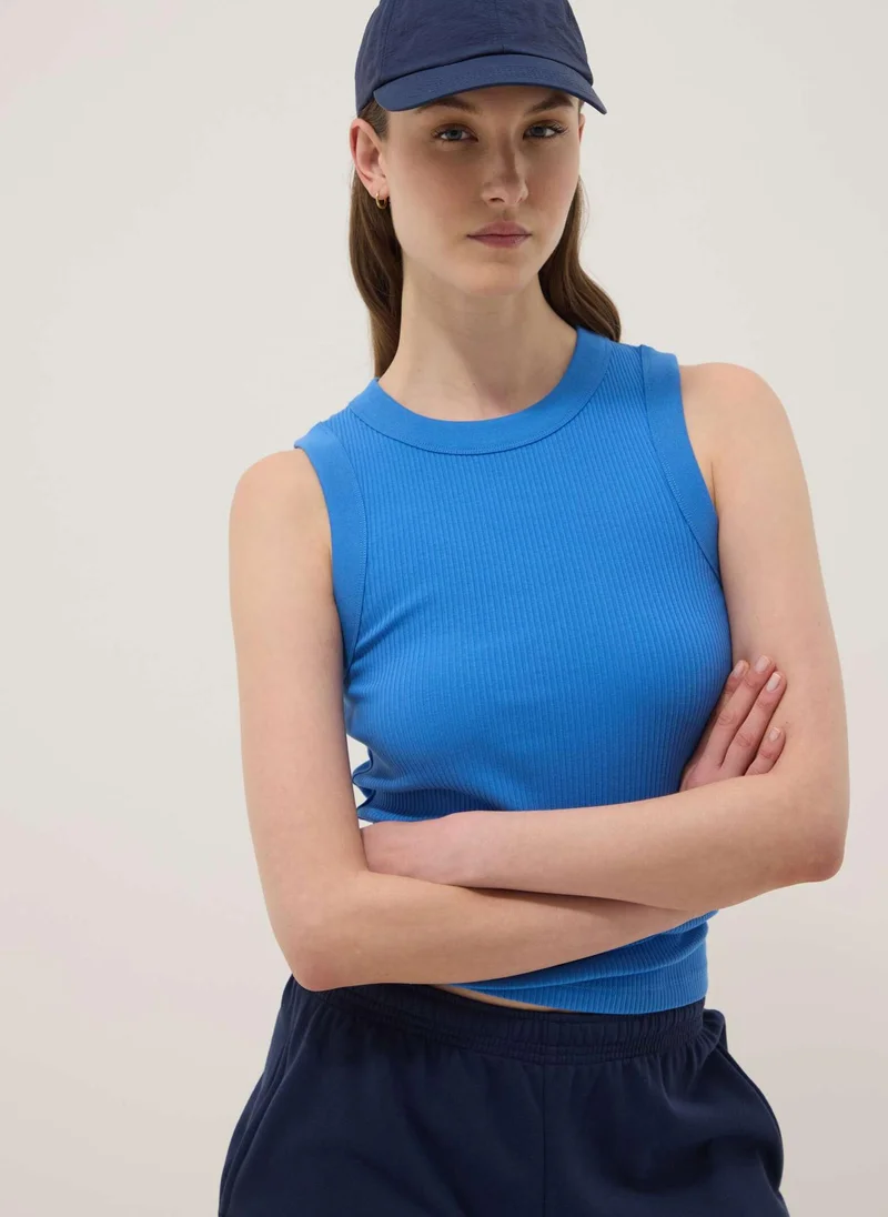 Ovs OVS Blue Fitted Ribbed Stretch-Cotton Tank Top