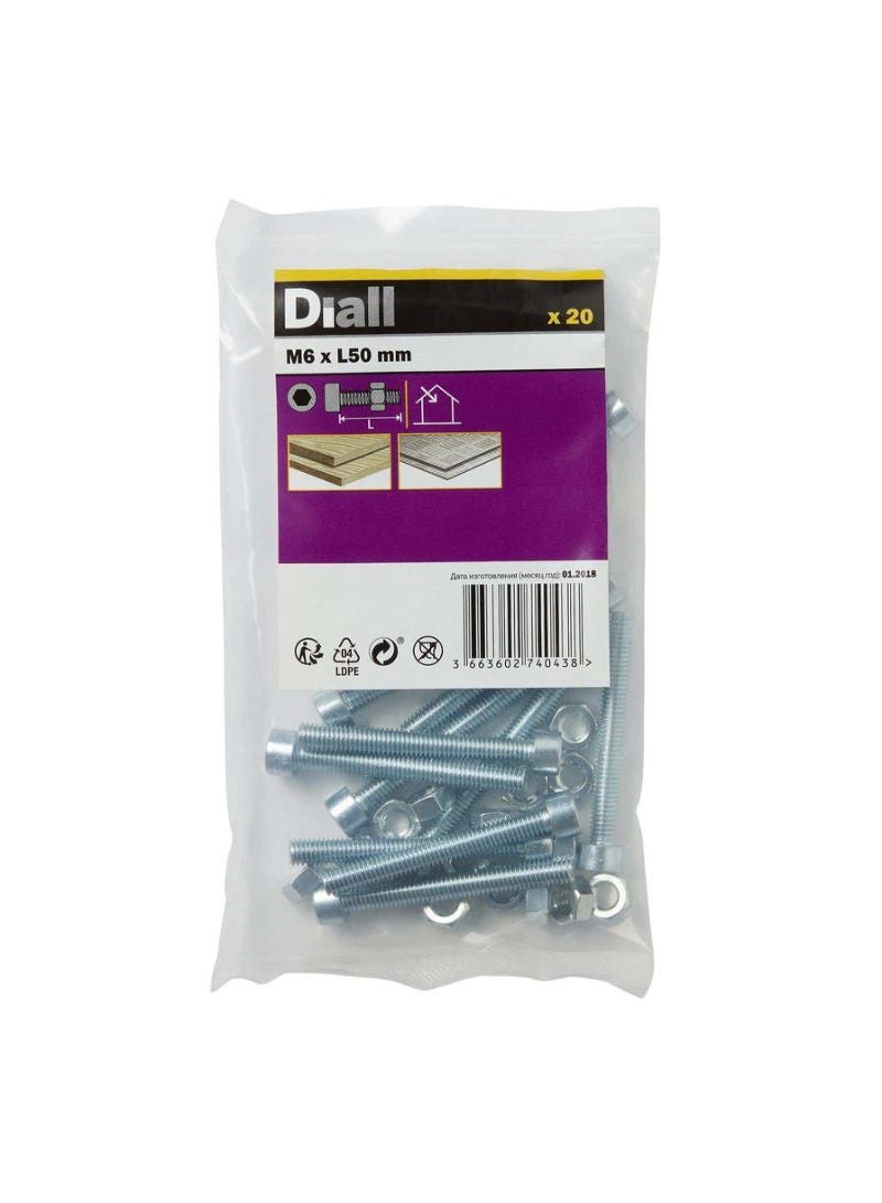 M6 Cylindrical Carbon Steel Set Screw And Nut 50 Mm 20 Piece