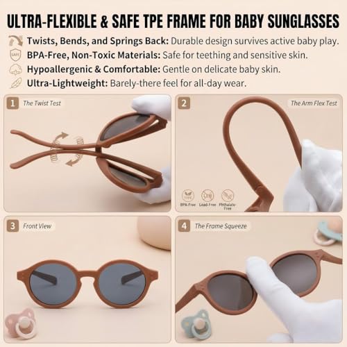 COASION Baby Polarized Sunglasses with Strap Adjustable TPEE Flexible Frame for Toddler Girls Boys Age 0-12 Months (Brown) - Image 4