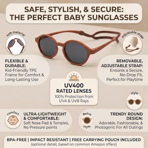 COASION Baby Polarized Sunglasses with Strap Adjustable TPEE Flexible Frame for Toddler Girls Boys Age 0-12 Months (Brown) - Image 3