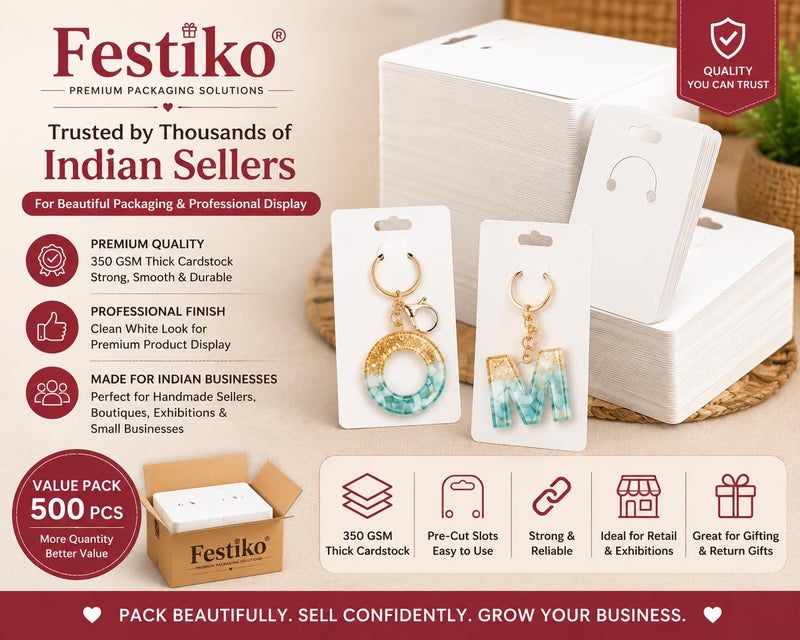Festiko Keychain Display Cards for Keyring Packaging & Display, 350 GSM Thick Cardstock, 4.7 x 3.1 Inch, Pack of 100, White Keychain Holder Cards – Premium Display for Small Business & Gifting - Image 3