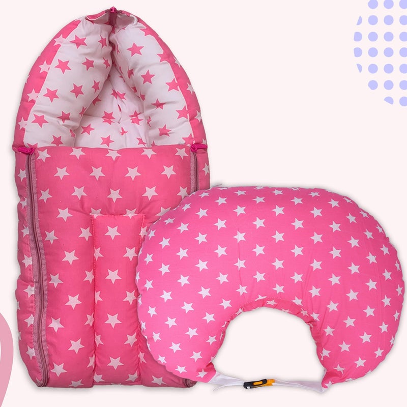 Infans Mini Baby Bedding Set Combo for New Born - Baby Sleeping Bag, Baby Feeding Pillow Ideal for 0 to 6 Months Babies (Star Pink) - Image 1
