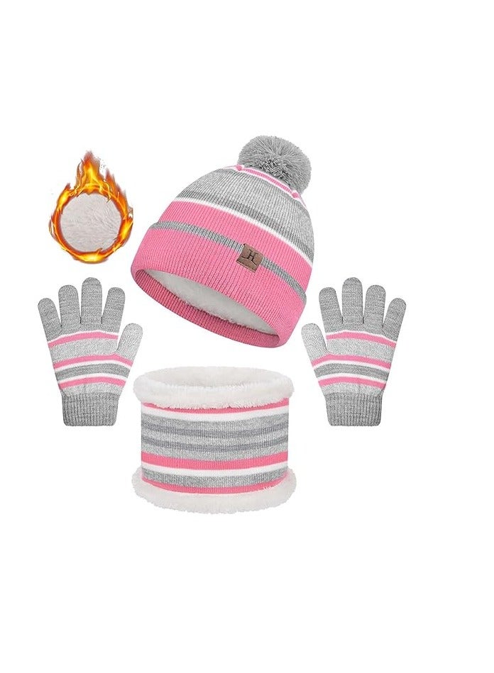 KASTWAVE Kids Warm Beanie Hat Scarf Gloves Set 3 in 1 Thermal Knit Hat Scarf Gloves Set Winter Accessories Sets Snood Scarf Gloves Set with Double Layer Fleece Lining Boys Girls - Image 1