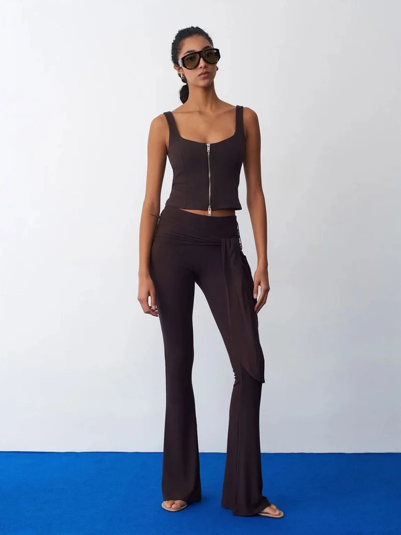 ديلفين Dilvin High-Waist Flare Jersey Pants With Tie Detail