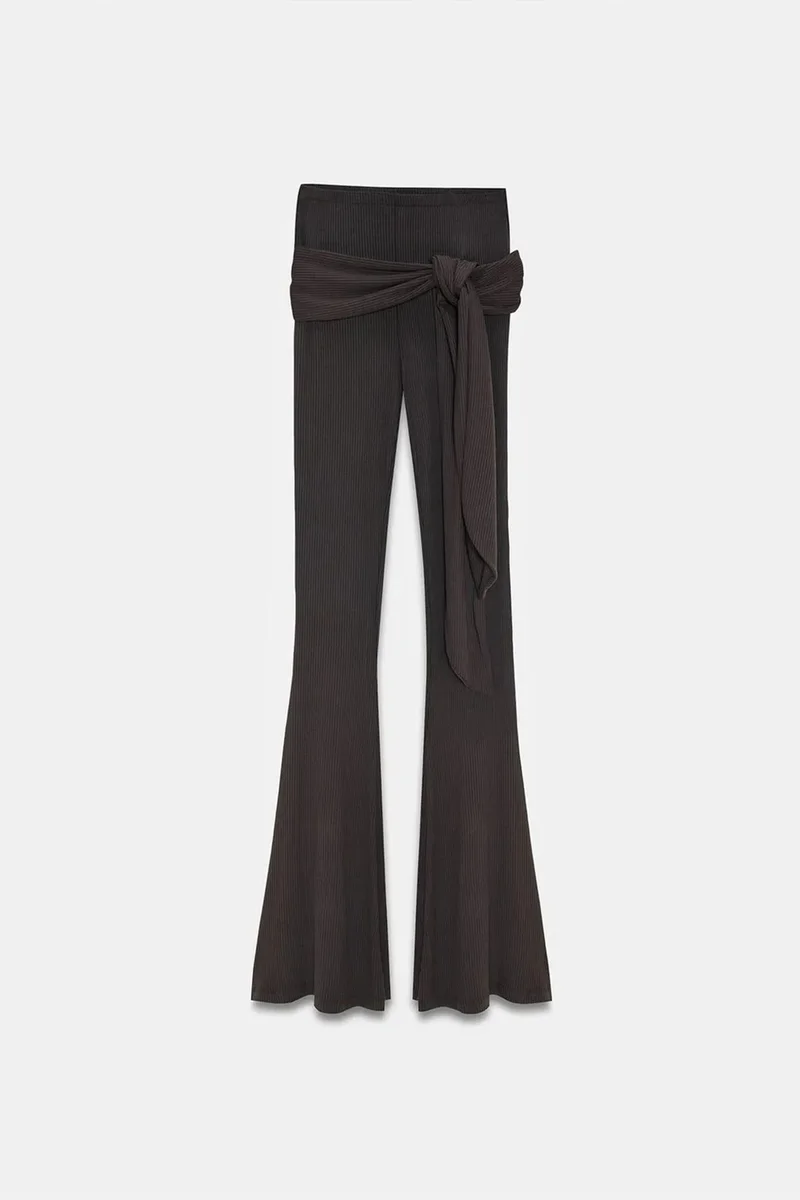 Dilvin Dark Mocha Brown DILVIN High-Waist Flare Jersey Pants With Tie Detail for Women | Best Price UAE