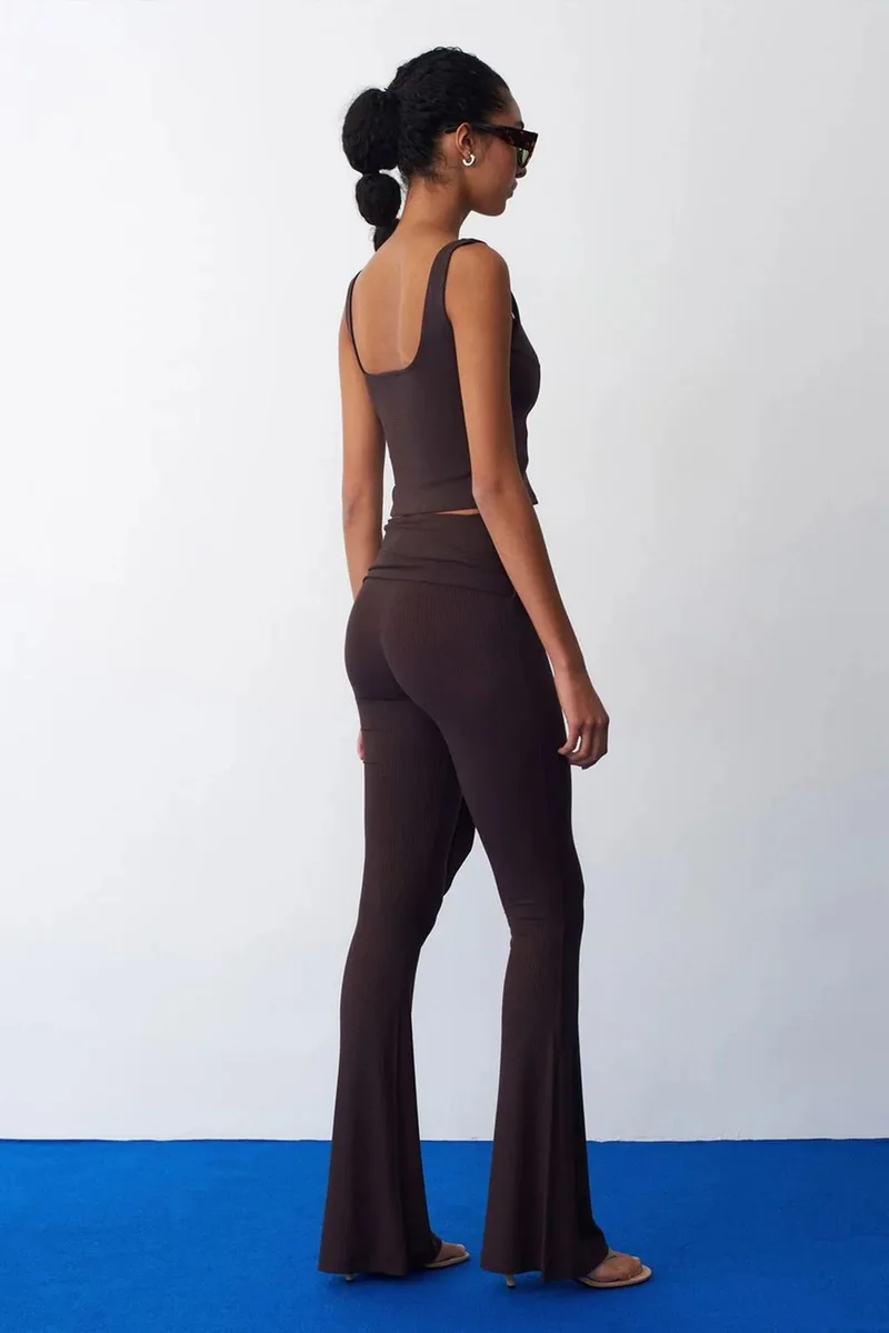 Dilvin Dark Mocha Brown DILVIN High-Waist Flare Jersey Pants With Tie Detail for Women | Best Price UAE