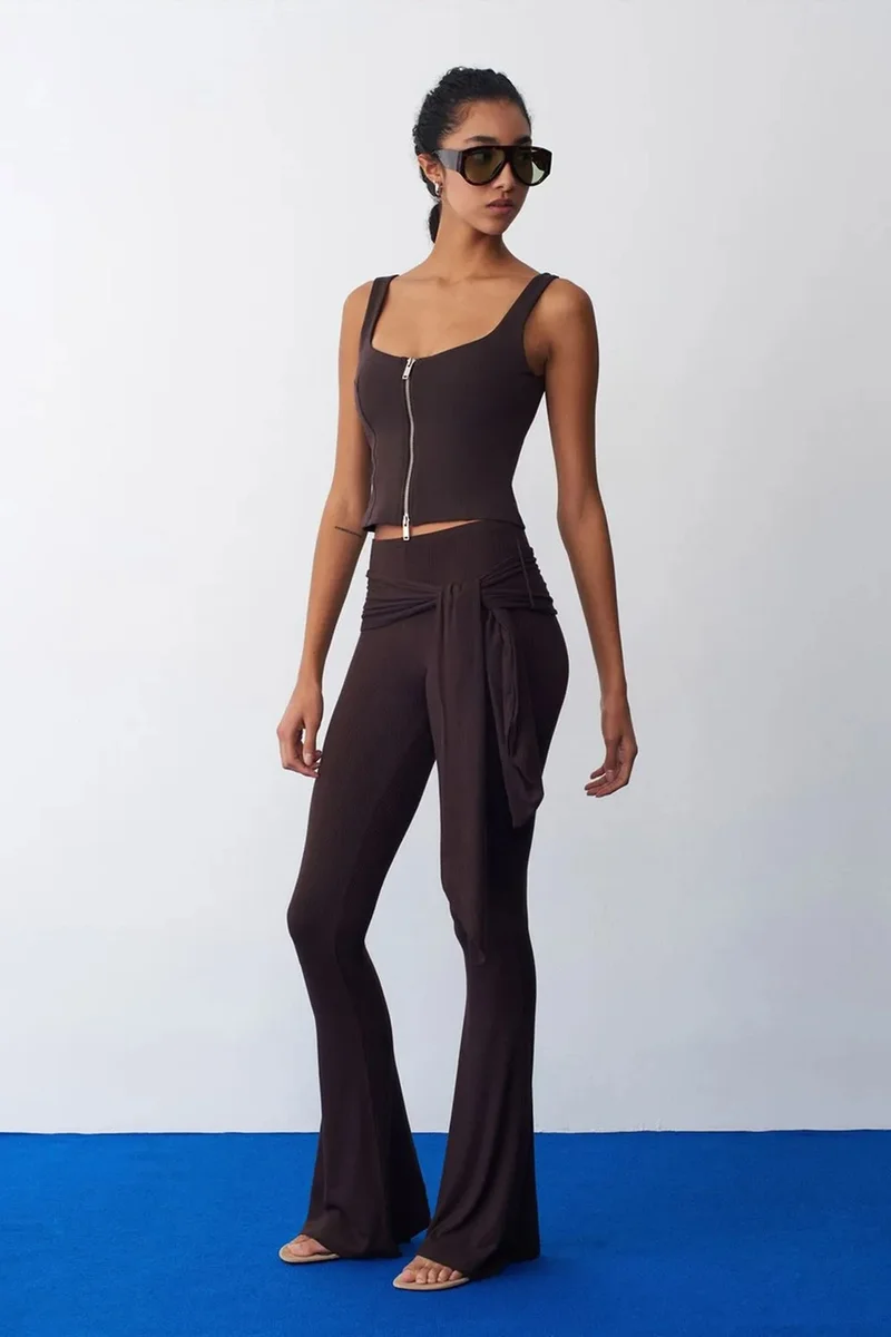 Dilvin Dark Mocha Brown DILVIN High-Waist Flare Jersey Pants With Tie Detail for Women | Best Price UAE