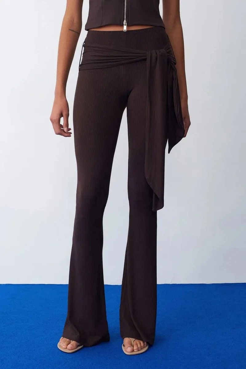 Dilvin Dark Mocha Brown DILVIN High-Waist Flare Jersey Pants With Tie Detail for Women | Best Price UAE