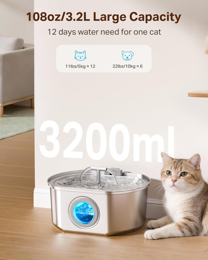 Neareal Cat Water Fountain Stainless Steel - Pet Drinking Fountain for Cats Indoor - 3.2L/108oz Automatic Water Dispenser with Watering Level Window (4 Filter) - Image 2
