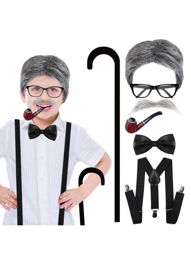 غنافوتو 100 Days of School Old Man Costume for Boys – Kids Grandpa Costume with Wig, Mustache, Cane, Glasses – Fun 100th Day of School Dress-Up Accessories for Kids - Image 4