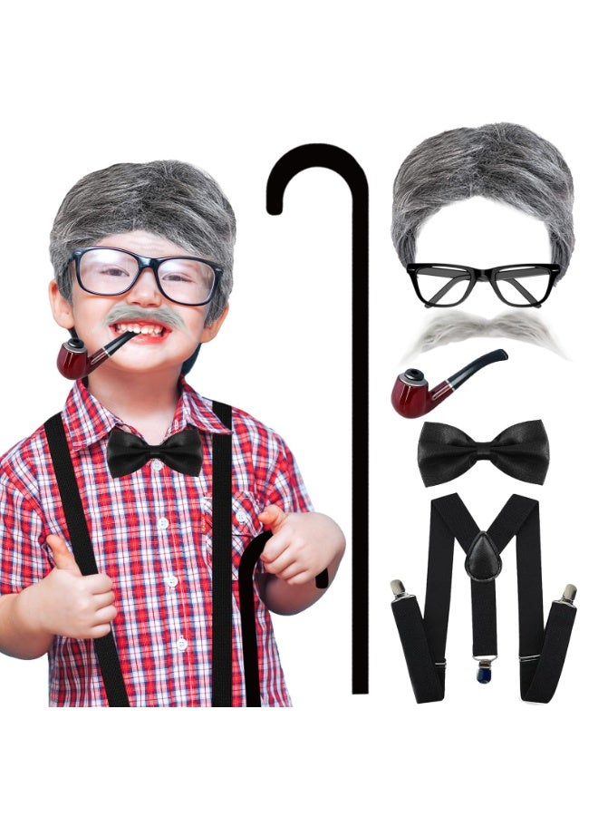 غنافوتو 100 Days of School Old Man Costume for Boys – Kids Grandpa Costume with Wig, Mustache, Cane, Glasses – Fun 100th Day of School Dress-Up Accessories for Kids - Image 1