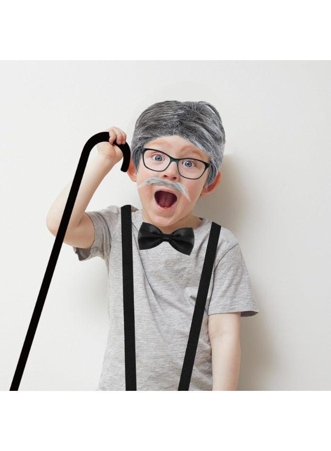 غنافوتو 100 Days of School Old Man Costume for Boys – Kids Grandpa Costume with Wig, Mustache, Cane, Glasses – Fun 100th Day of School Dress-Up Accessories for Kids - Image 3