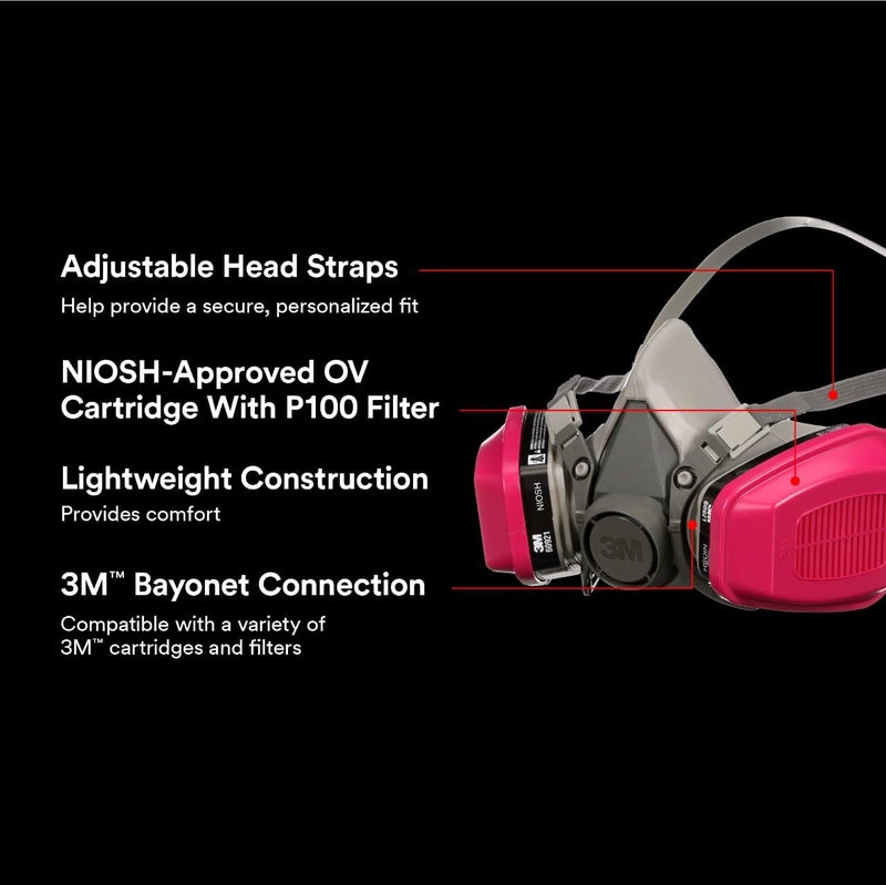 3M P100/OV Odor/Particulate Multi-Purpose Reusable Respirator 65021, Medium Size, NIOSH-APPROVED Organic Vapor Cartridge & P100 Rated Filters, Flexible, Thermoplastic Faceseal For Comfort (65021H1-DC) - Image 2