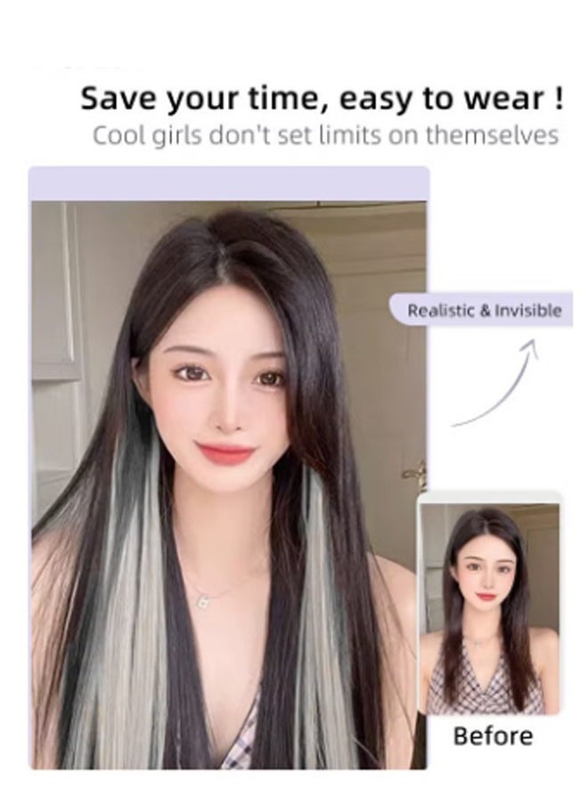 Generic Long Straight Gradient Synthetic Hairpiece Single Clip-in Hair Extension Highlights Wig for Women Daily Use 2 Pcs Set 50cm (20 inch) - Gradient White Gray Brown Black  - Image 2
