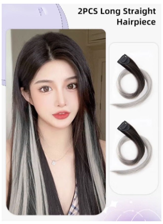 Generic Long Straight Gradient Synthetic Hairpiece Single Clip-in Hair Extension Highlights Wig for Women Daily Use 2 Pcs Set 50cm (20 inch) - Gradient White Gray Brown Black  - Image 1