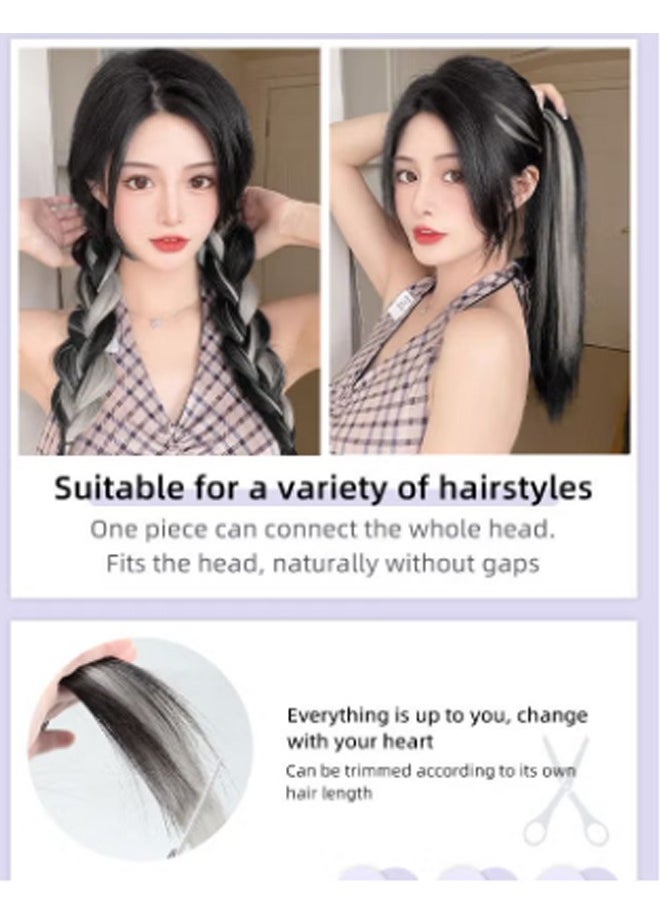 Generic Long Straight Gradient Synthetic Hairpiece Single Clip-in Hair Extension Highlights Wig for Women Daily Use 2 Pcs Set 50cm (20 inch) - Gradient White Gray Brown Black  - Image 5
