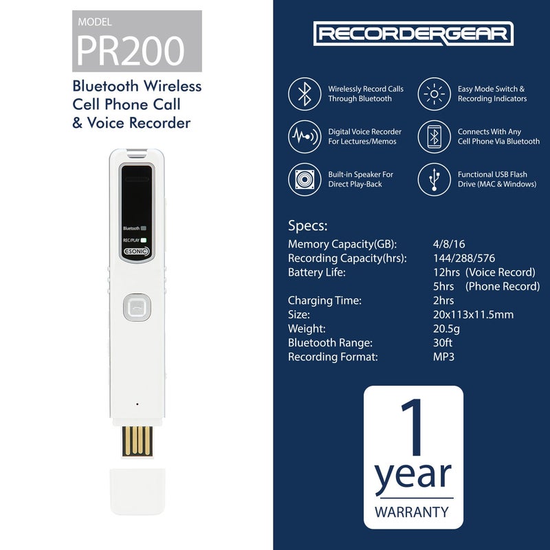 RecorderGear PR200 Bluetooth Cell Phone Call Recording Device, iPhone and Android Mobile Recorder - Image 3