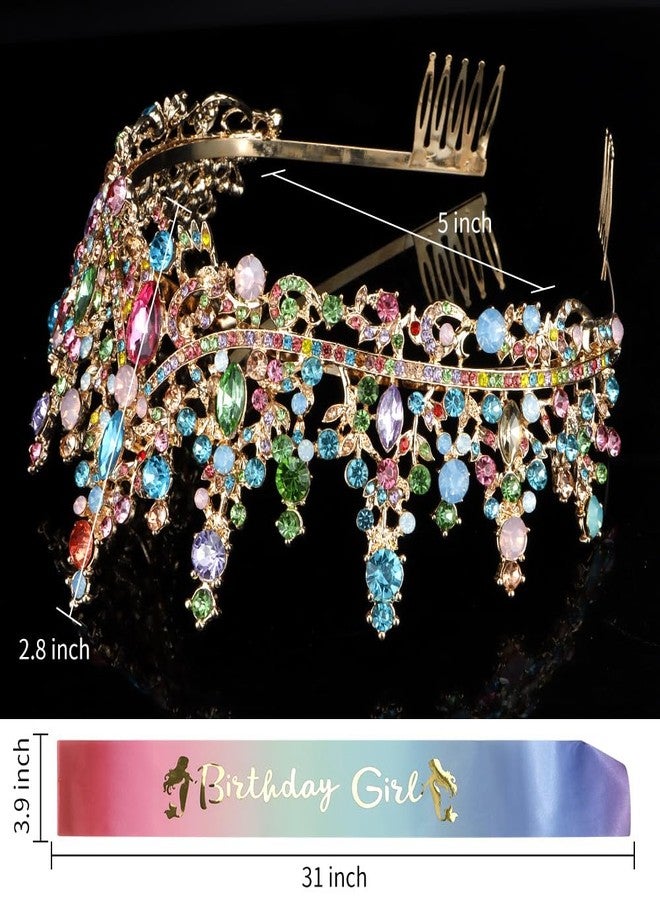 ATODEN Birthday Girl Sash Tiara Queen Crown Tiaras and Crowns for Women Girls Multicolor Crystal Princess Tiara Rhinestone Headbands Quinceanera Crown Happy Birthday Decorations Accessories for Wedding Bride Bridal Cosplay Prom Halloween Party Supplies - Image 5