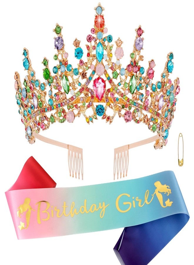 ATODEN Birthday Girl Sash Tiara Queen Crown Tiaras and Crowns for Women Girls Multicolor Crystal Princess Tiara Rhinestone Headbands Quinceanera Crown Happy Birthday Decorations Accessories for Wedding Bride Bridal Cosplay Prom Halloween Party Supplies - Image 1