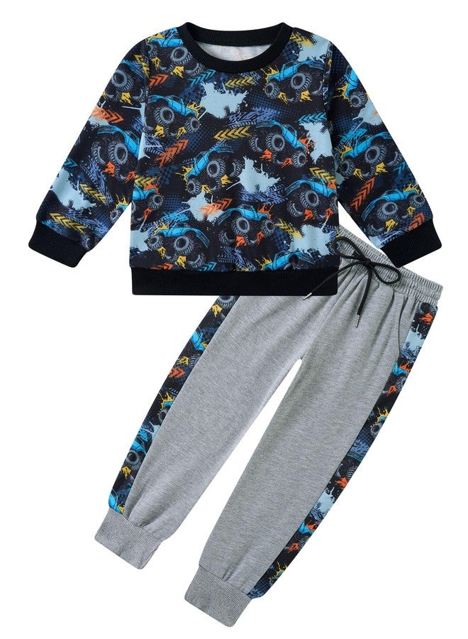 SunFocus Boy 3T Clothes Outfits Kids Cartoon Monster Graphic Car Truck Print Round Neck Sweatshirt Boys Clothing Set - Image 1