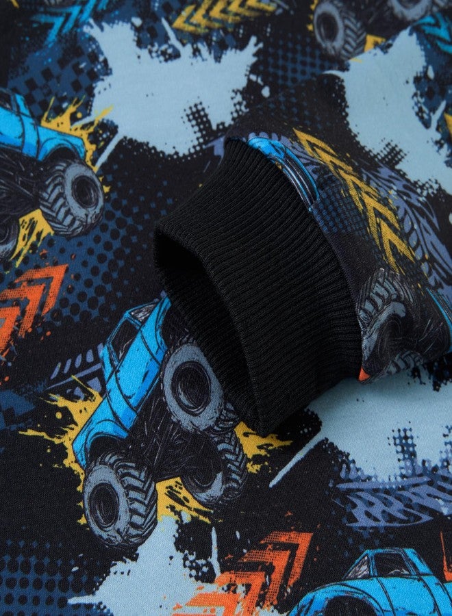 SunFocus Boy 3T Clothes Outfits Kids Cartoon Monster Graphic Car Truck Print Round Neck Sweatshirt Boys Clothing Set - Image 2