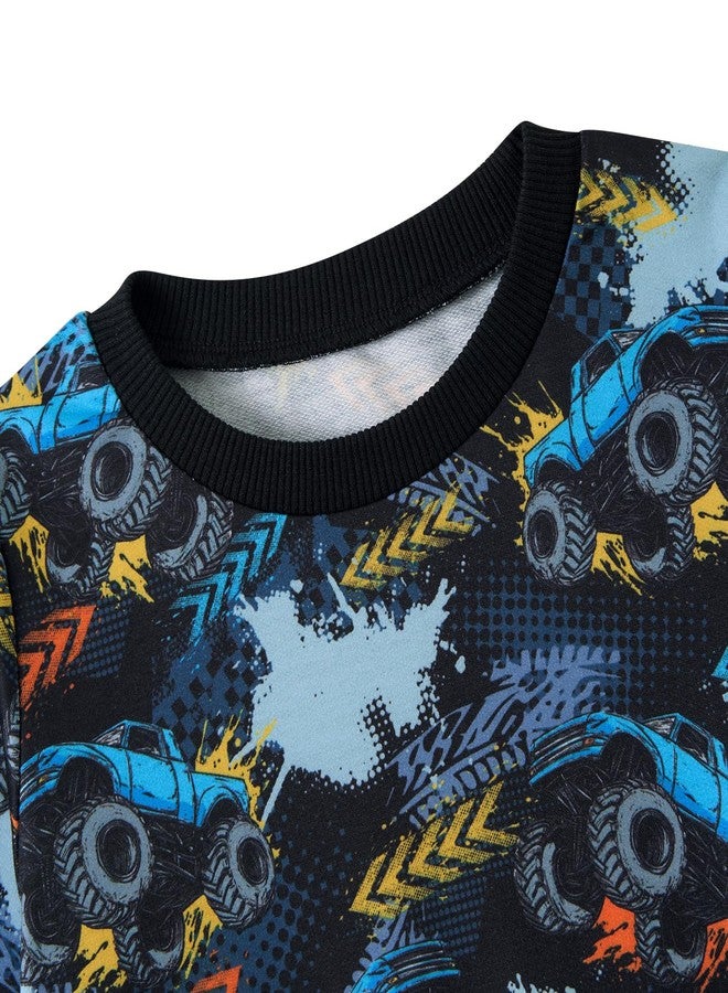 SunFocus Boy 3T Clothes Outfits Kids Cartoon Monster Graphic Car Truck Print Round Neck Sweatshirt Boys Clothing Set - Image 3