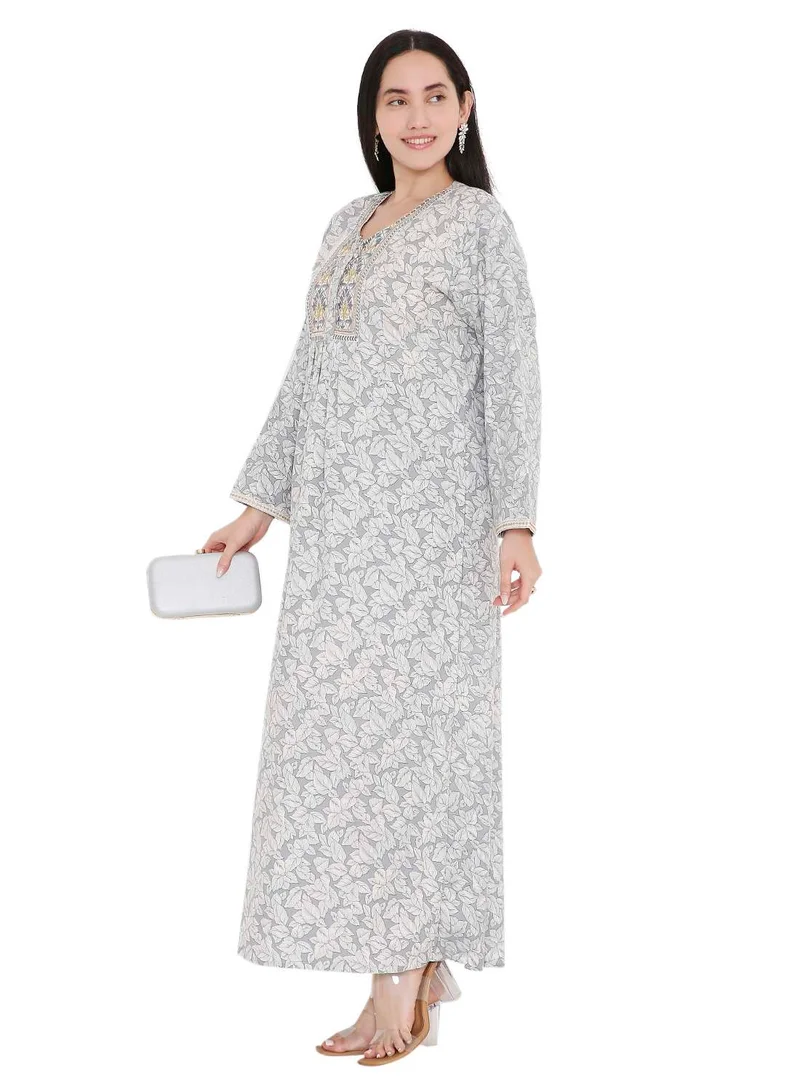 HANA & SARA ELEGANT FARASHA WITH UNIQUE THREAD EMBROIDERY AND STYLISH PRINTED MODEST ARABIC KAFTAN JALABIYA DRESS