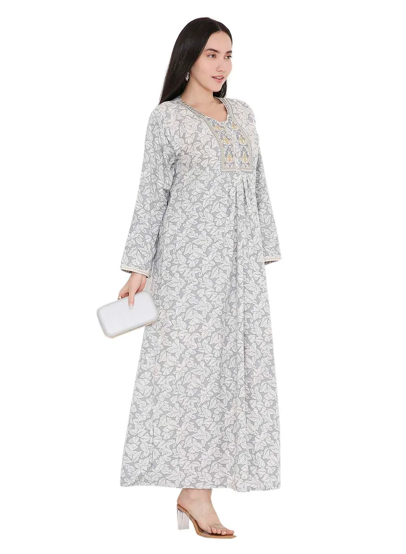 HANA & SARA ELEGANT FARASHA WITH UNIQUE THREAD EMBROIDERY AND STYLISH PRINTED MODEST ARABIC KAFTAN JALABIYA DRESS