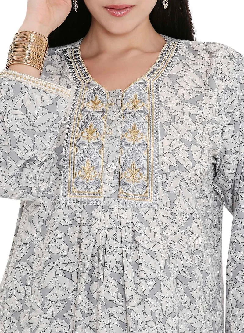 HANA & SARA ELEGANT FARASHA WITH UNIQUE THREAD EMBROIDERY AND STYLISH PRINTED MODEST ARABIC KAFTAN JALABIYA DRESS