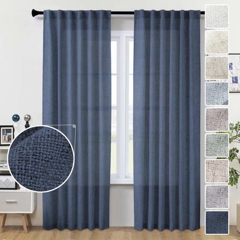 MEETBILY Navy Blue Linen Curtains 96 Inches Long 2 Panel Set Midnight Blue Light Filtering Privacy Semi Sheer Curtain Panels Modern Farmhouse Window Drapes for Living Room Bedroom Indigo  8FT - Image 1