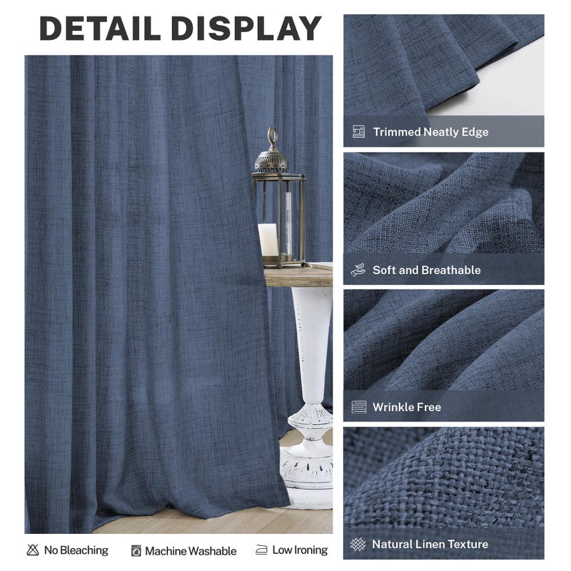 MEETBILY Navy Blue Linen Curtains 96 Inches Long 2 Panel Set Midnight Blue Light Filtering Privacy Semi Sheer Curtain Panels Modern Farmhouse Window Drapes for Living Room Bedroom Indigo  8FT - Image 3