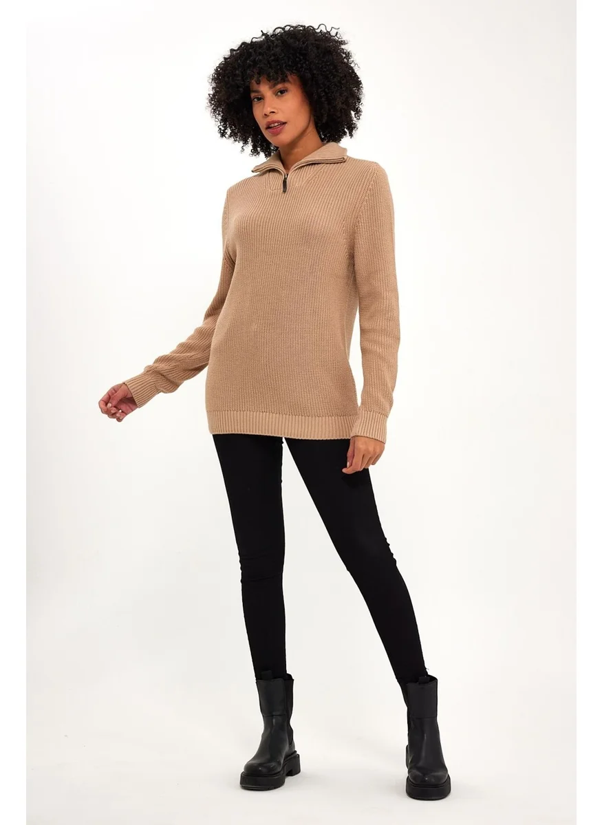 الكسندرجاردي Zippered Turtleneck Beige Loose Sweater (E22-18121)