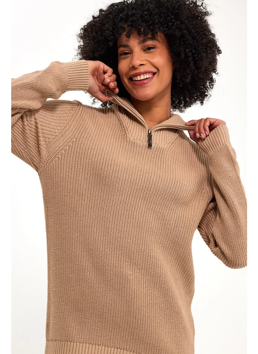 Alexandergardi Zippered Turtleneck Beige Loose Sweater (E22-18121)