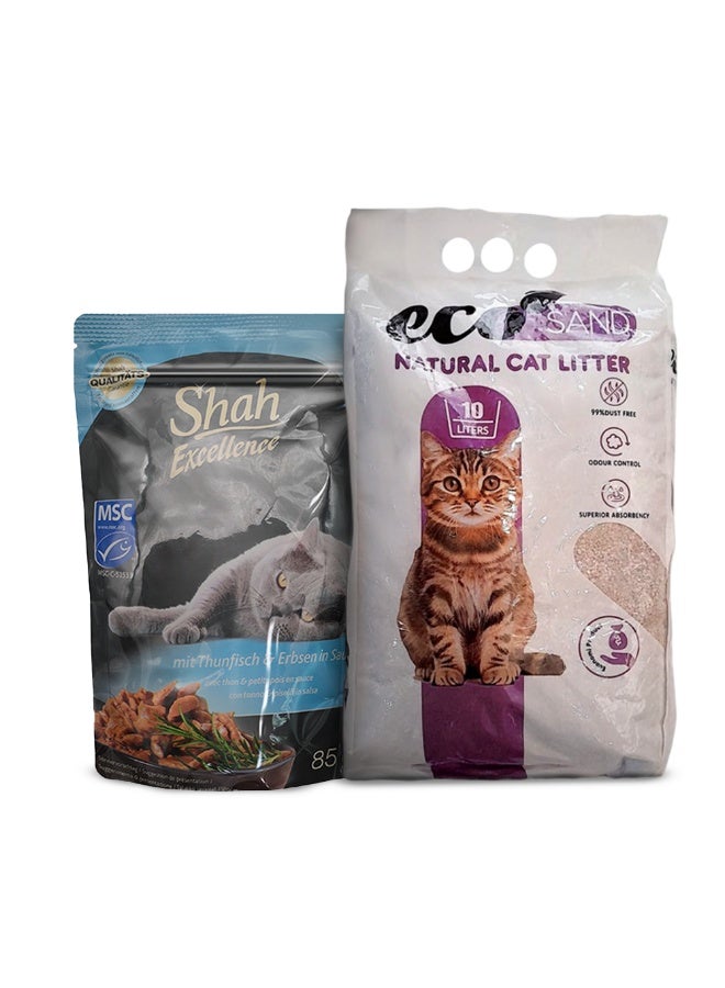 شاه طعام القطط الرطب شاه بالتونة والبازلاء في صوص 85 جم + رمل القطط إيكو ساند برائحة اللافندر 10 لتر – باقة مميزة