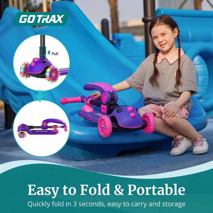 GOTRAX KS3 Pro Kick Scooter for Kids, One Key Removable Seat & 3 Extra Wide PU Light-Up Wheels and Anti-Slip Deck, Adjustable Height Handlebar and Lean-to-Steer, Foldable Scooter for Children Aged 2-8 - Image 3