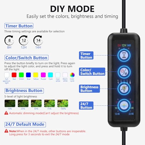fishkeeper Clip On Aquarium LED Light, 24/7 Mode Full Spectrum Fish Tank Light with Timer, Adjustable 8 Color / 5 Brightness Simulate Sunrise-Day-Sunset-Moon for 7.87-12.99 inch Planted Tank 9W - Image 2