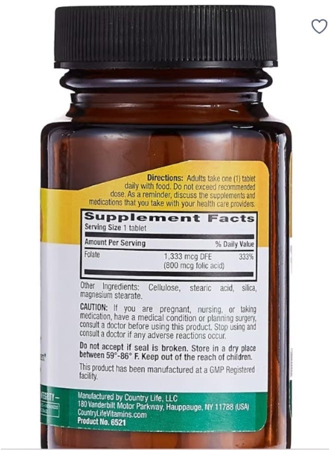 Country Life Folate 800mcg Folic Acid Dietary Supplement, 100 Tablets, Gluten-Free - Image 2