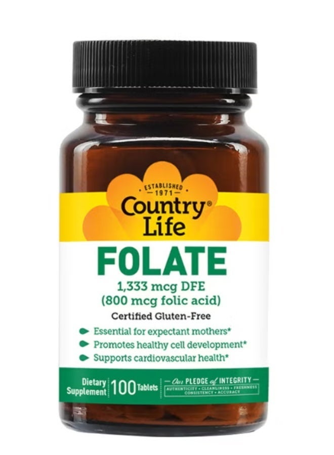 Country Life Folate 800mcg Folic Acid Dietary Supplement, 100 Tablets, Gluten-Free - Image 1