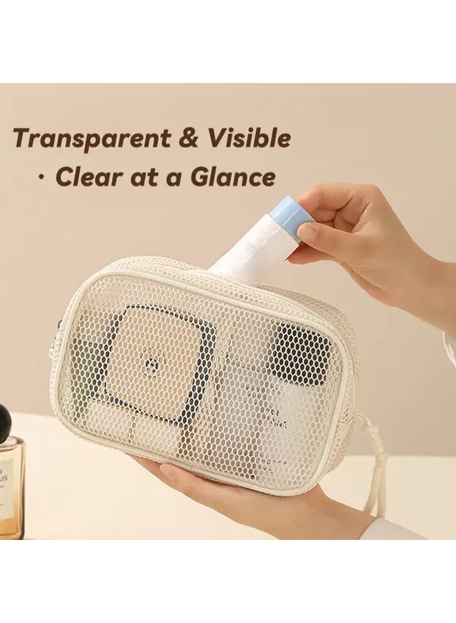 Beige Large Capacity Mesh Makeup Bag Foldable Cosmetic Organizer With Multiple Compartments - Image 3