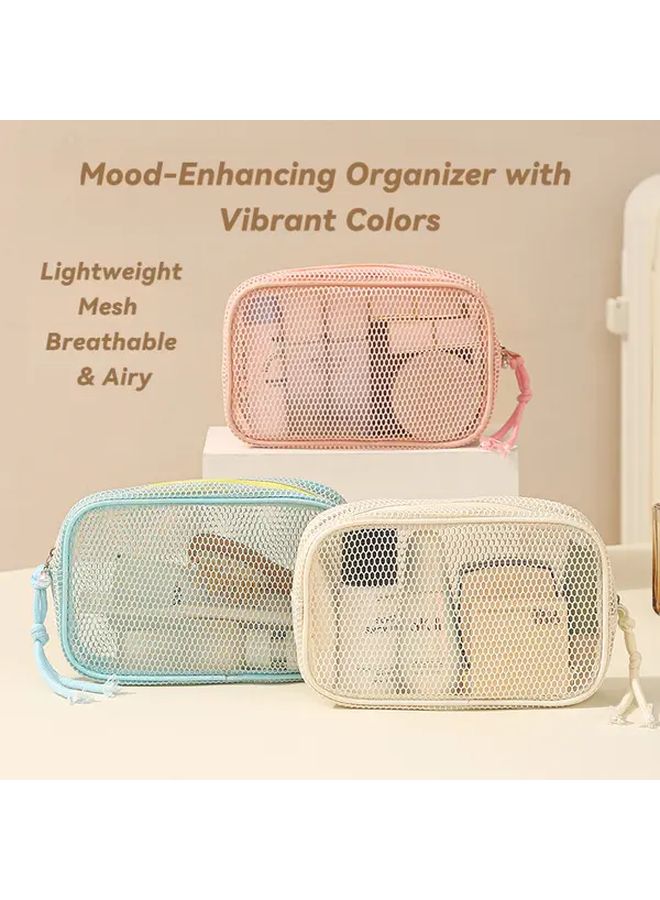 Beige Large Capacity Mesh Makeup Bag Foldable Cosmetic Organizer With Multiple Compartments - Image 1