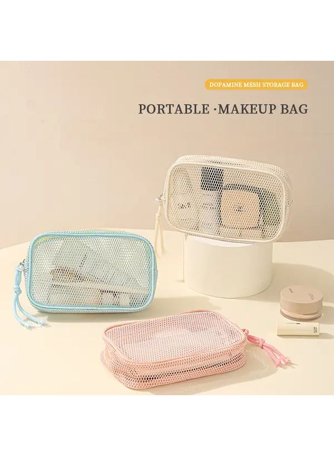 Beige Large Capacity Mesh Makeup Bag Foldable Cosmetic Organizer With Multiple Compartments - Image 2