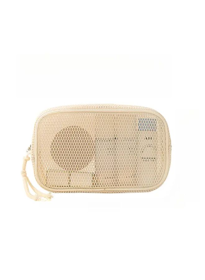 Beige Large Capacity Mesh Makeup Bag Foldable Cosmetic Organizer With Multiple Compartments - Image 5