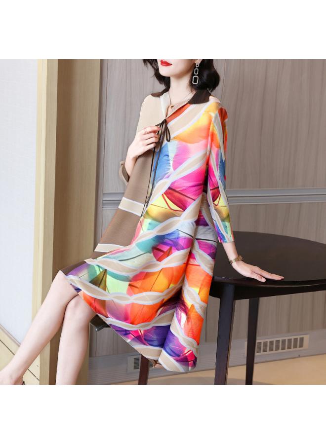 Western Style Printed Pleated Dress Spring New Women's Temperament Age-reducing Large Size Women's Shirt Dress Trench Coat