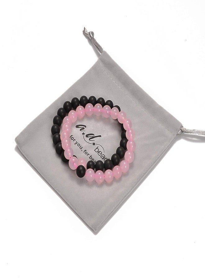 AD Beads 2Pcs His & Hers Distance Beads Bracelets Elastic Natural Stone Yoga Bracelet (Matt Black Agate+Rose Quartz) - Image 4