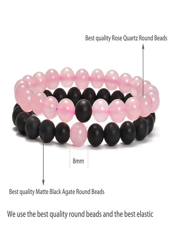 AD Beads 2Pcs His & Hers Distance Beads Bracelets Elastic Natural Stone Yoga Bracelet (Matt Black Agate+Rose Quartz) - Image 2