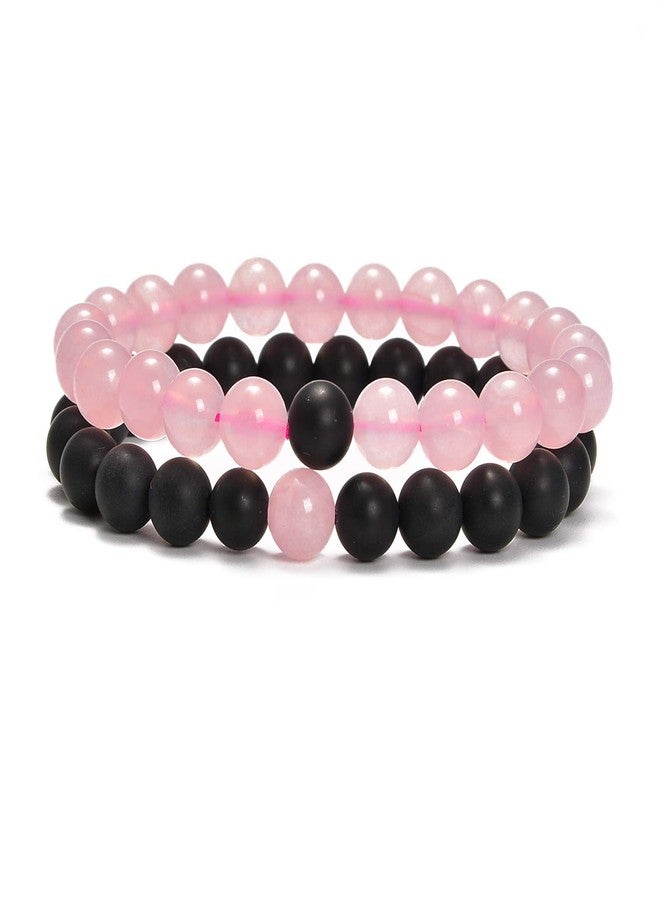 AD Beads 2Pcs His & Hers Distance Beads Bracelets Elastic Natural Stone Yoga Bracelet (Matt Black Agate+Rose Quartz) - Image 1