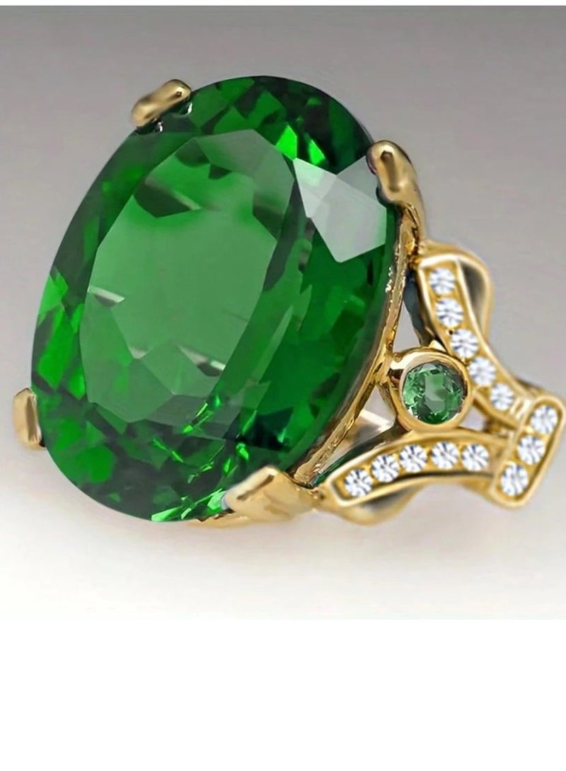 اكسسوارات نسائية خاتم نسائي ذهبي بكريستال أخضر فخم - Image 1