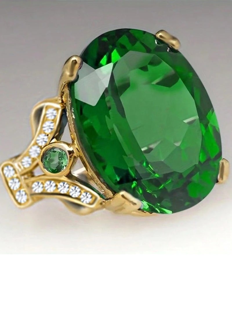 اكسسوارات نسائية خاتم نسائي ذهبي بكريستال أخضر فخم - Image 2