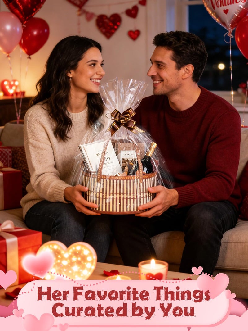 MADHOLLY 6 Set Valentine's Day Bamboo Baskets for Gifts Empty - 6"x7.5"x11.4" Large Easy to Setup Sturdy Gift Wrapping Basket with 2 Clear Bags and Bows, for Wedding Party, Baby Shower, Housewarming, Brown - Image 3