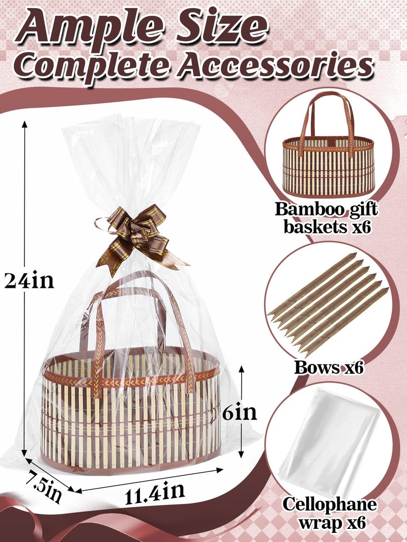 MADHOLLY 6 Set Valentine's Day Bamboo Baskets for Gifts Empty - 6"x7.5"x11.4" Large Easy to Setup Sturdy Gift Wrapping Basket with 2 Clear Bags and Bows, for Wedding Party, Baby Shower, Housewarming, Brown - Image 4
